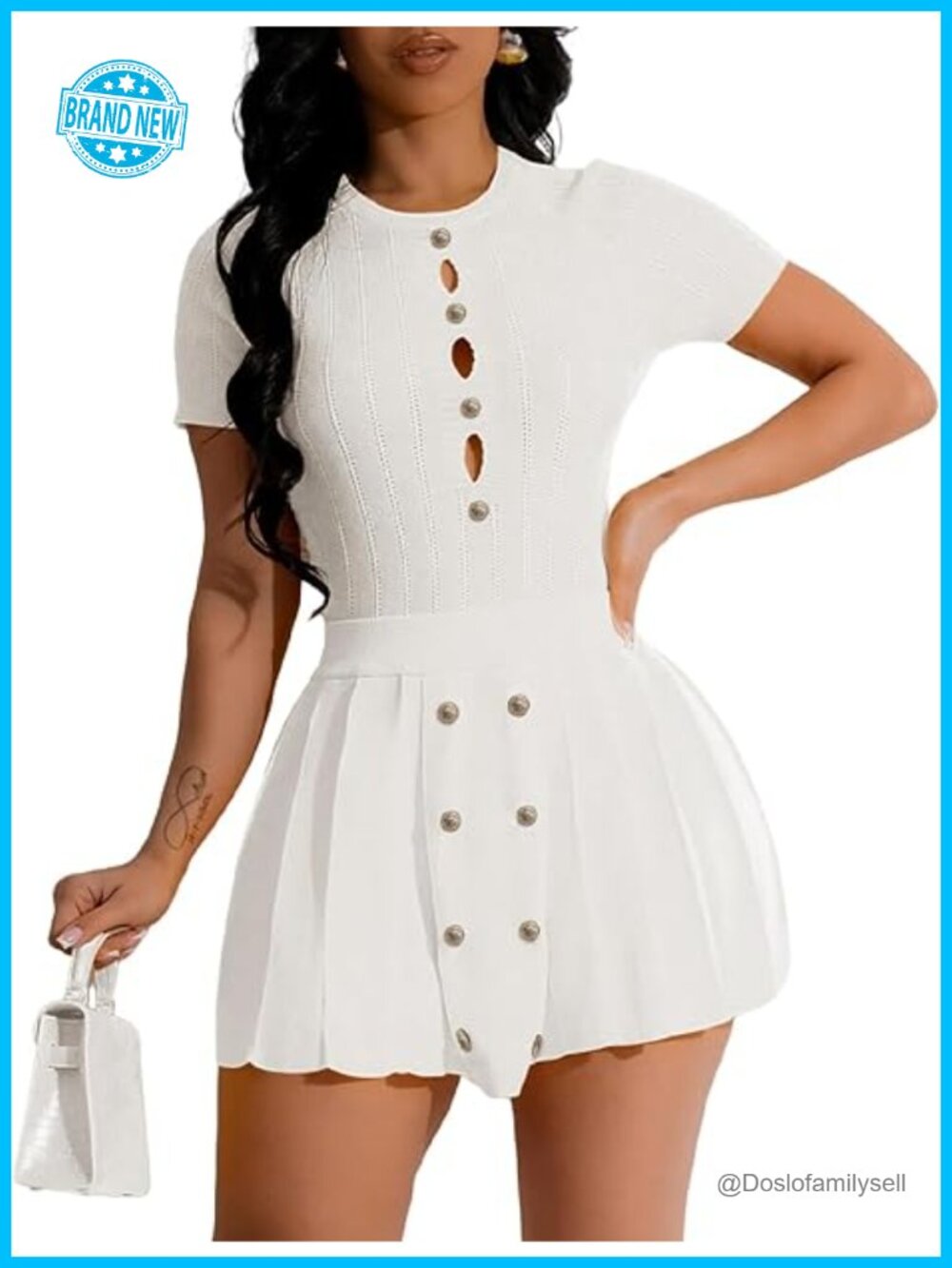 Two Piece Knit Crop Top Pleated Mini Skirt Set Short Sleeve Going Out Outfit